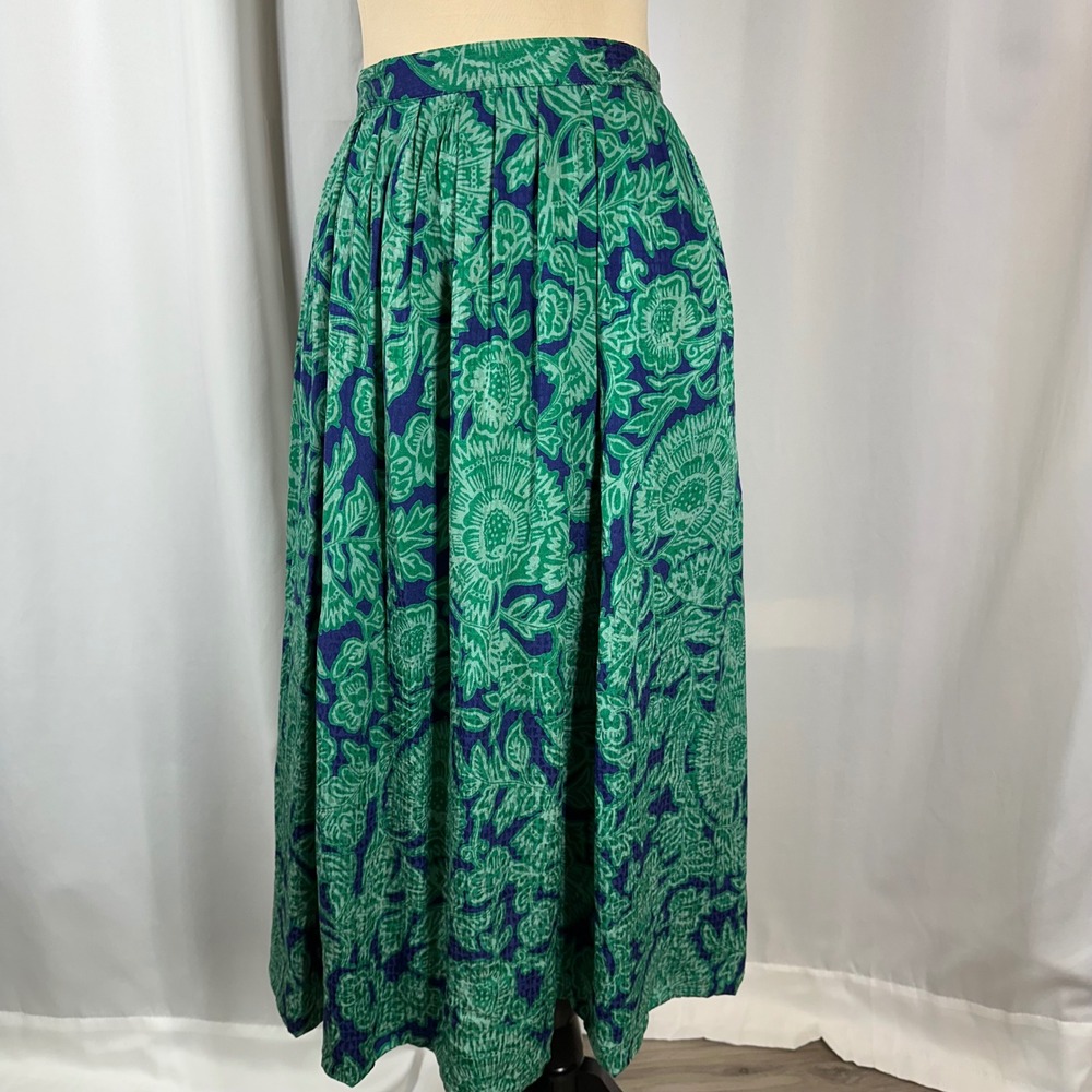 Vintage Anne Klein II Silk Floral Maxi Skirt Women's 12 Green Blue